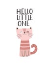 Hello little one. cartoon cat, hand drawing lettering. colorful vector flat style illustration for kids. Royalty Free Stock Photo